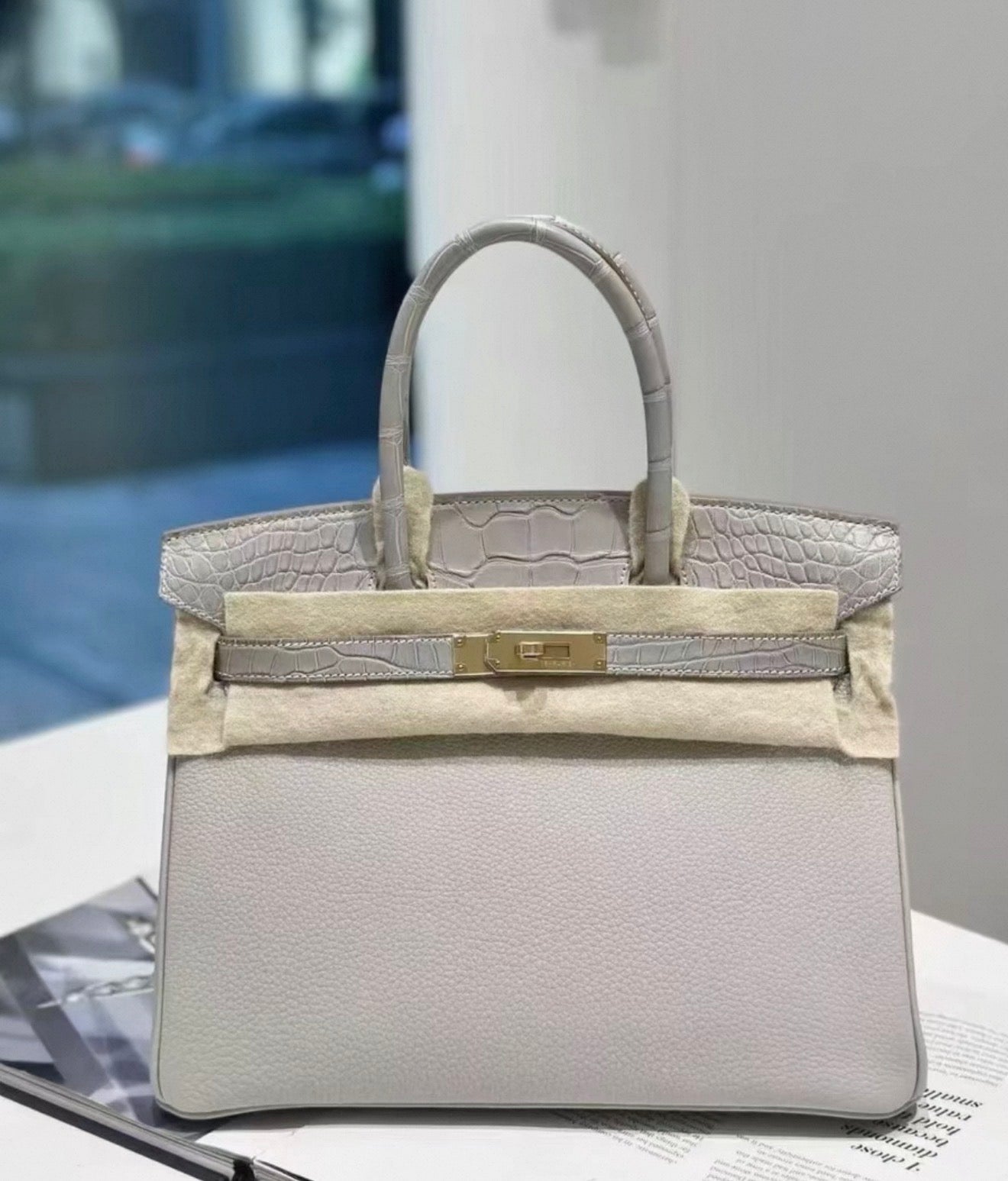 Hermes Birkin 30 Touch Gris Perles Togo matte crocodile leather light gold hardware