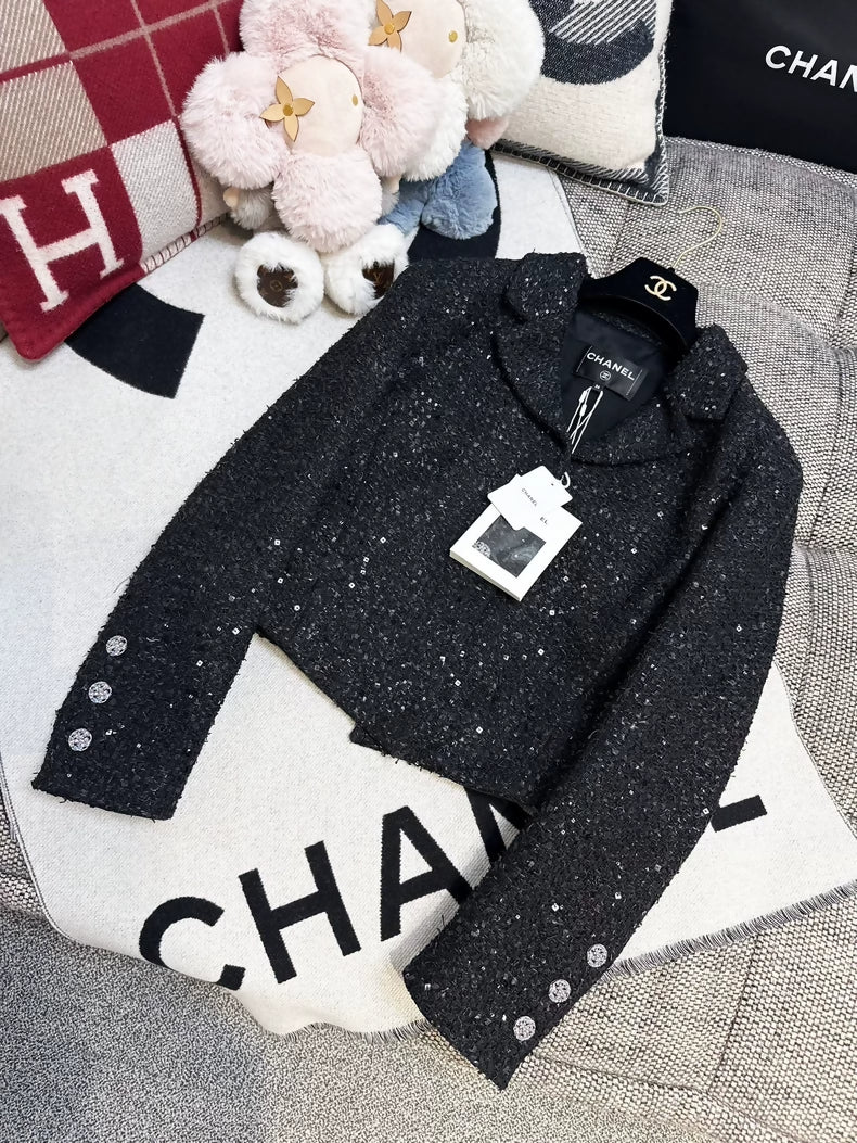 Chanel 24S Black Sequin Tweed Jacket