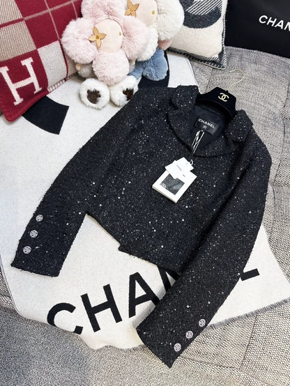 Chanel 24S Black Sequin Tweed Jacket