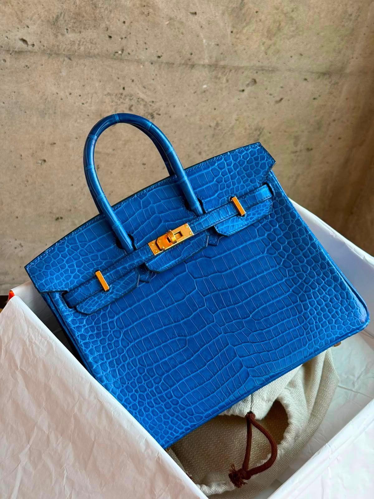 Hermes birkin 25 Blue Royal porosus matte croc gold hardware