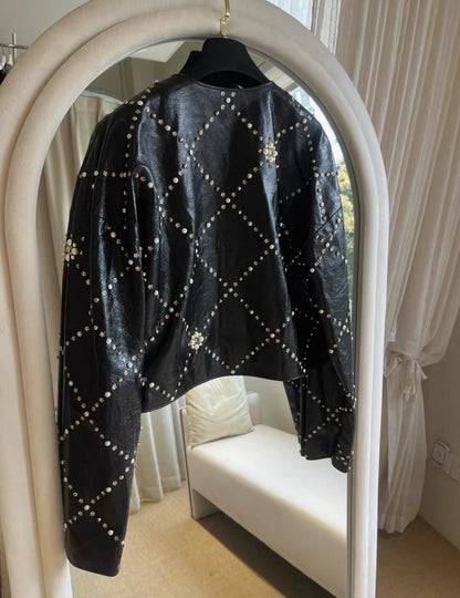 Chanel 21A black leather Jacket with Pearls & Rhinestones