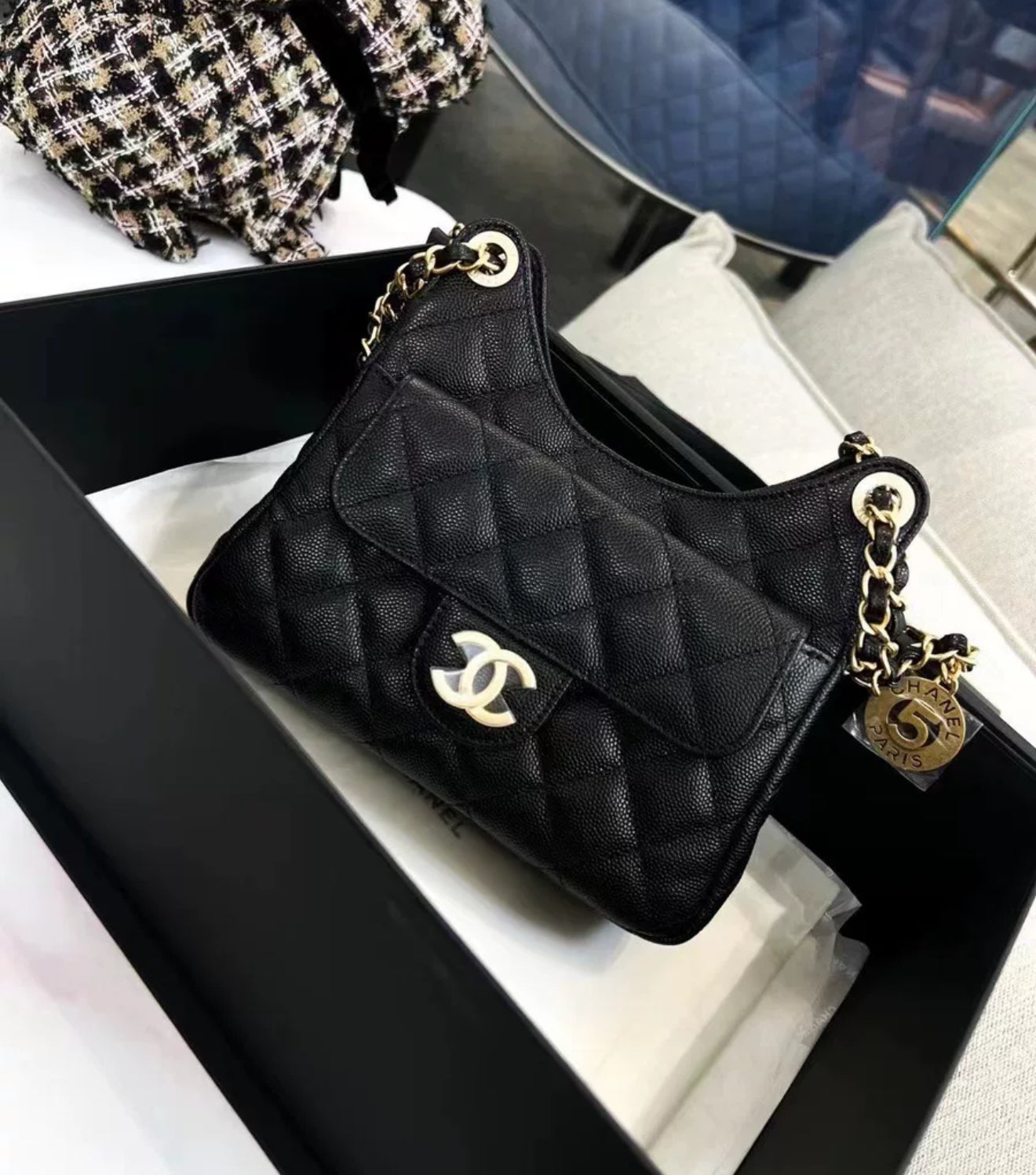 CHANEL 23P Black Caviar Leather Small Hobo Bag Gold Hardware