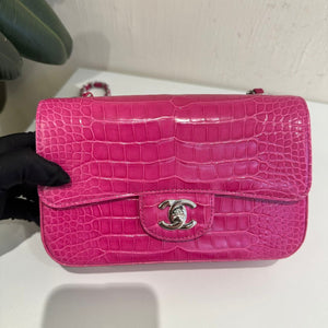 Chanel pink Alligator leather mini flap silver hardware