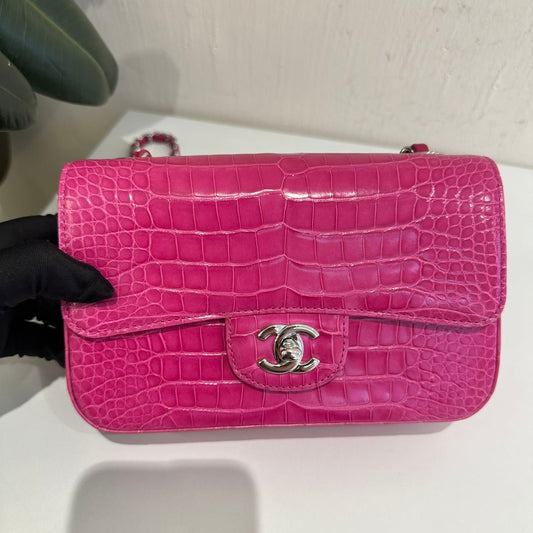 Chanel pink crocodile leather mini flap silver hardware