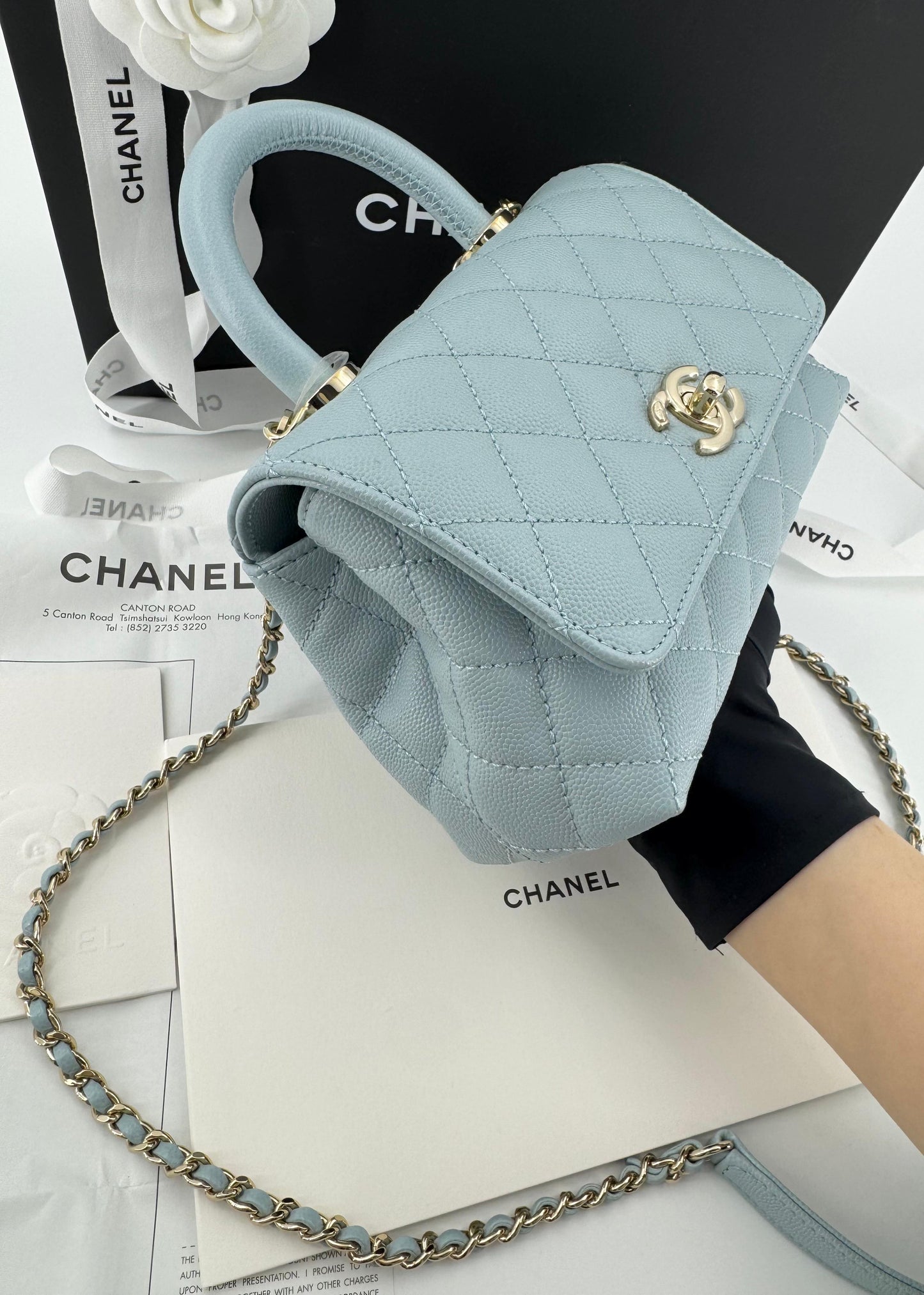 Chanel baby blue grained leather mini coco handle with light gold hardware
