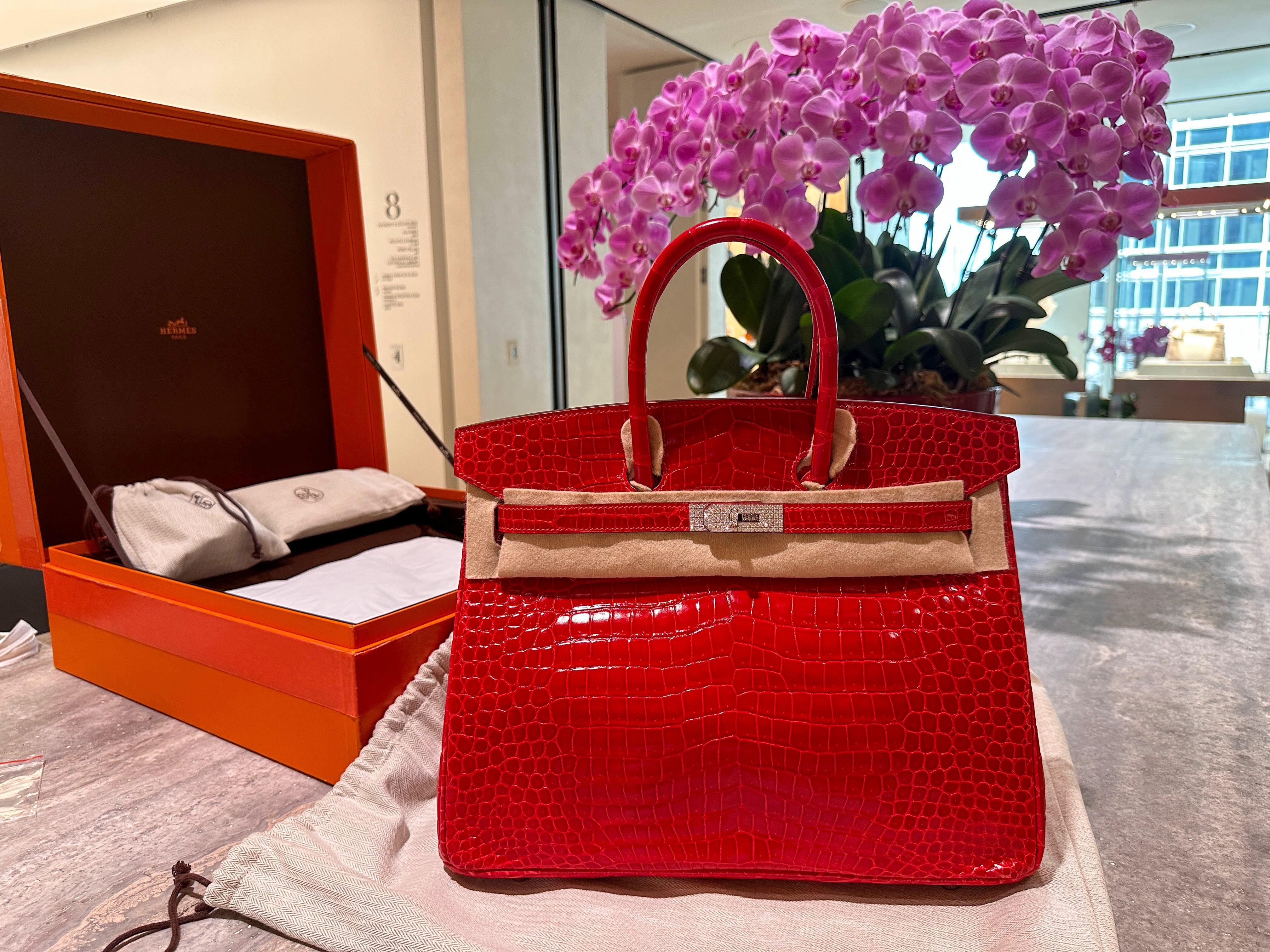 Hermès Birkin 35 Rouge Braise Porosus Crocodile & Diamonds