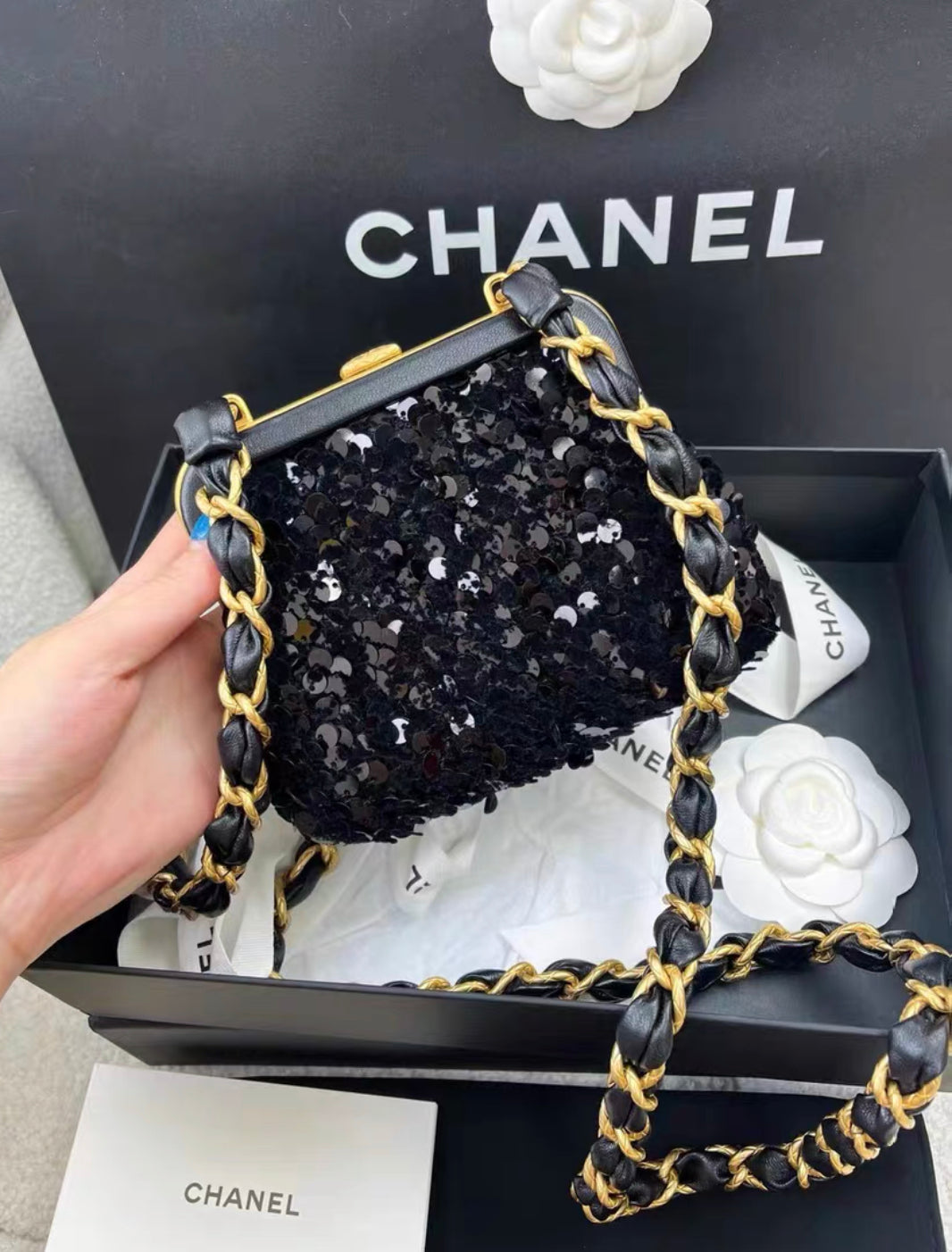 Chanel Metiers d’Art 24A Black Sequin tweed Evening Mini Clutch Bag With Bow