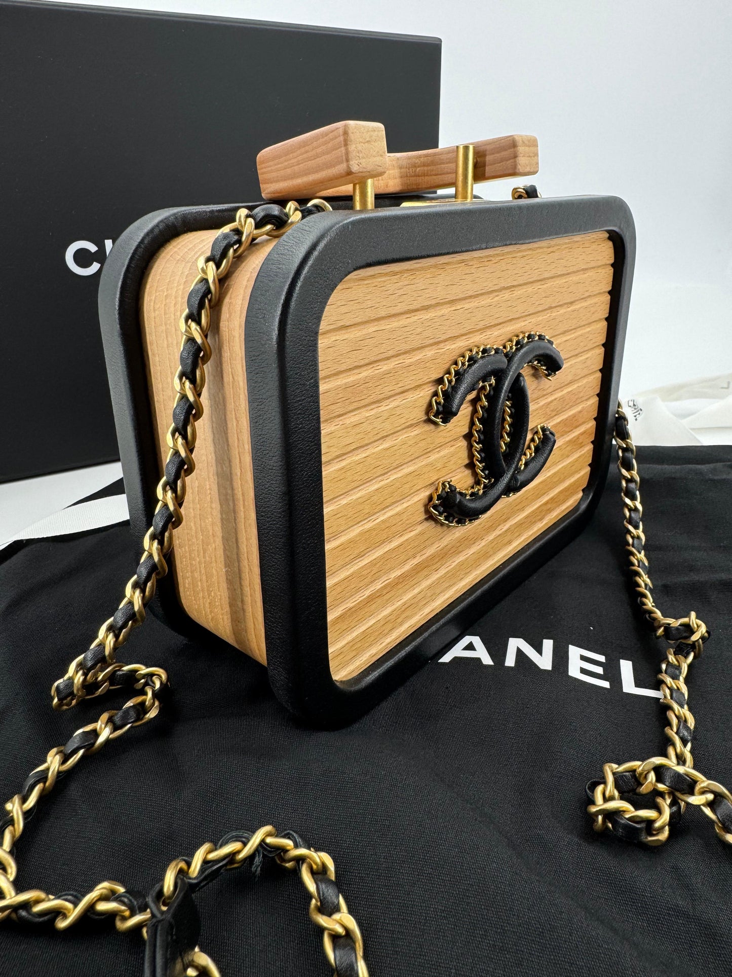 Chanel 2022 Beech Wood and Black Lambskin CC Vanity Case Brushed Gold Hardware