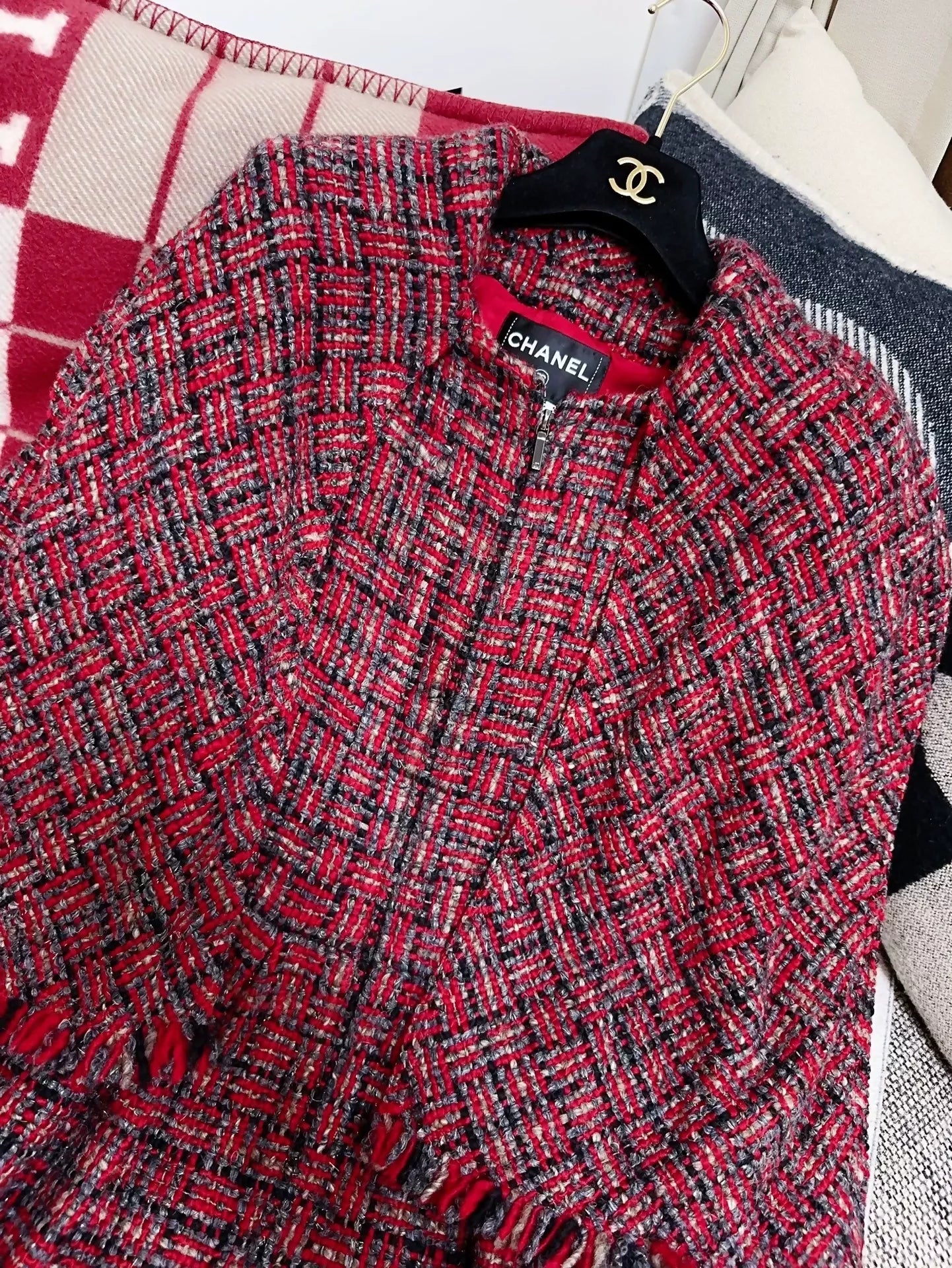Chanel red tweed coat