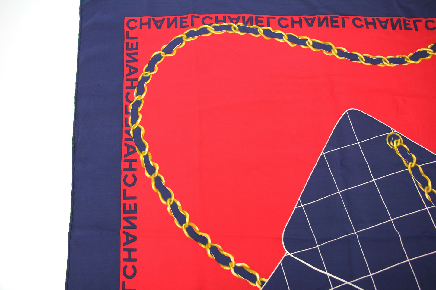 Chanel 100% Silk Navy Red Bag Pattern Scarf