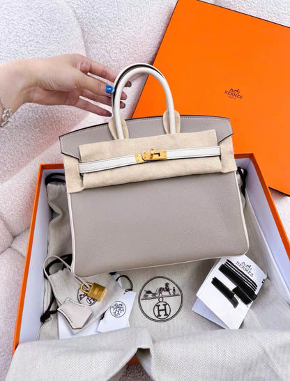 Hermès Special Order (HSS) Birkin 25 Gris and Craie Togo Brushed Gold Hardware