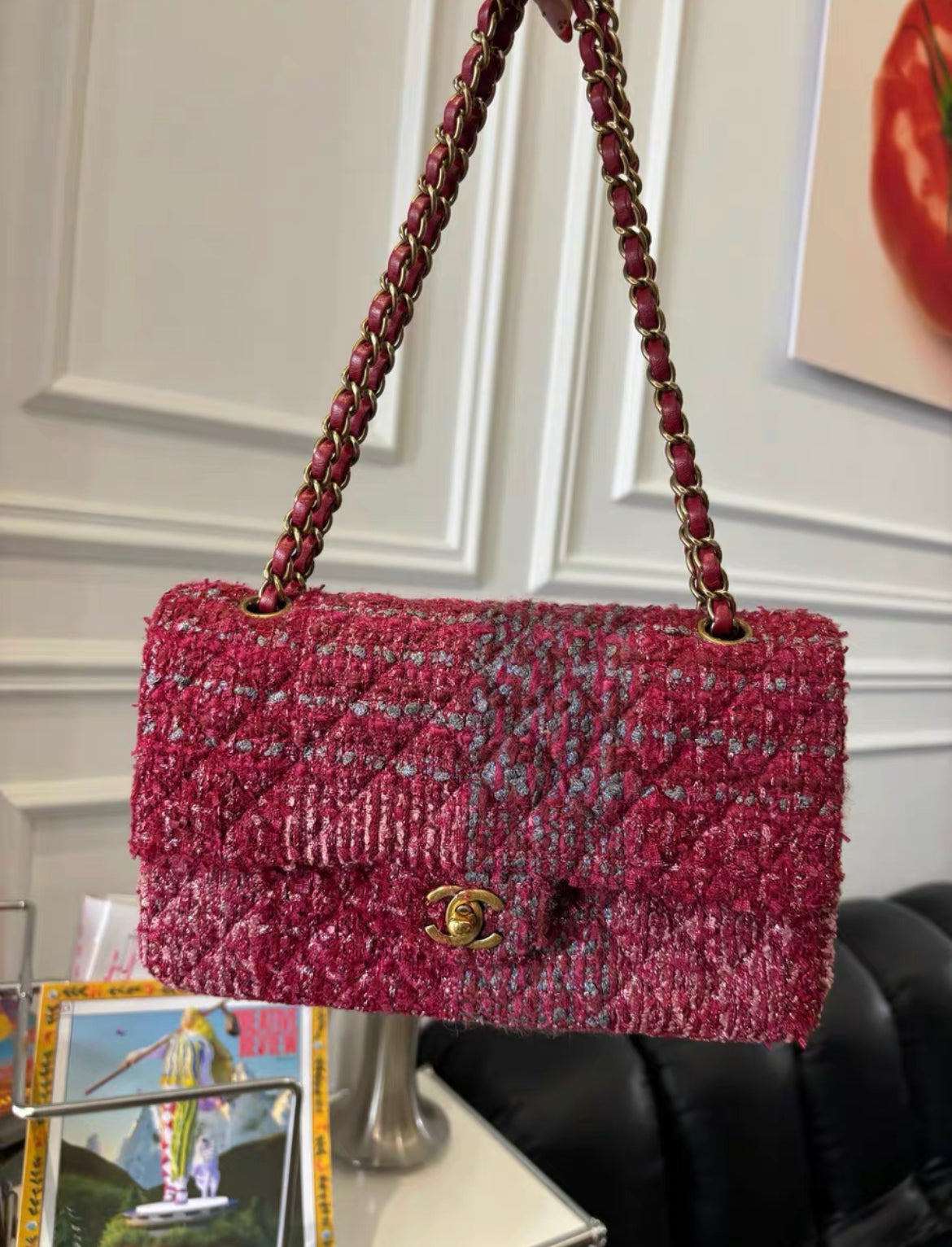 Chanel Burgundy Red and Multicolor Tweed Medium Classic Flap Bag Gold Hardware, rare model