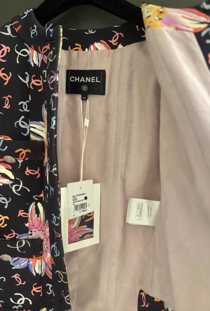 Chanel 24S Runway Colored Silk Jacket with All-Over CC Camellia Print
