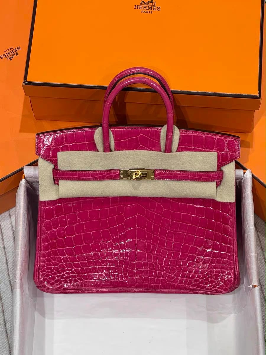 Hermes Birkin 25 I6 Rose Extreme shiny porosus crocodile leather gold hardware