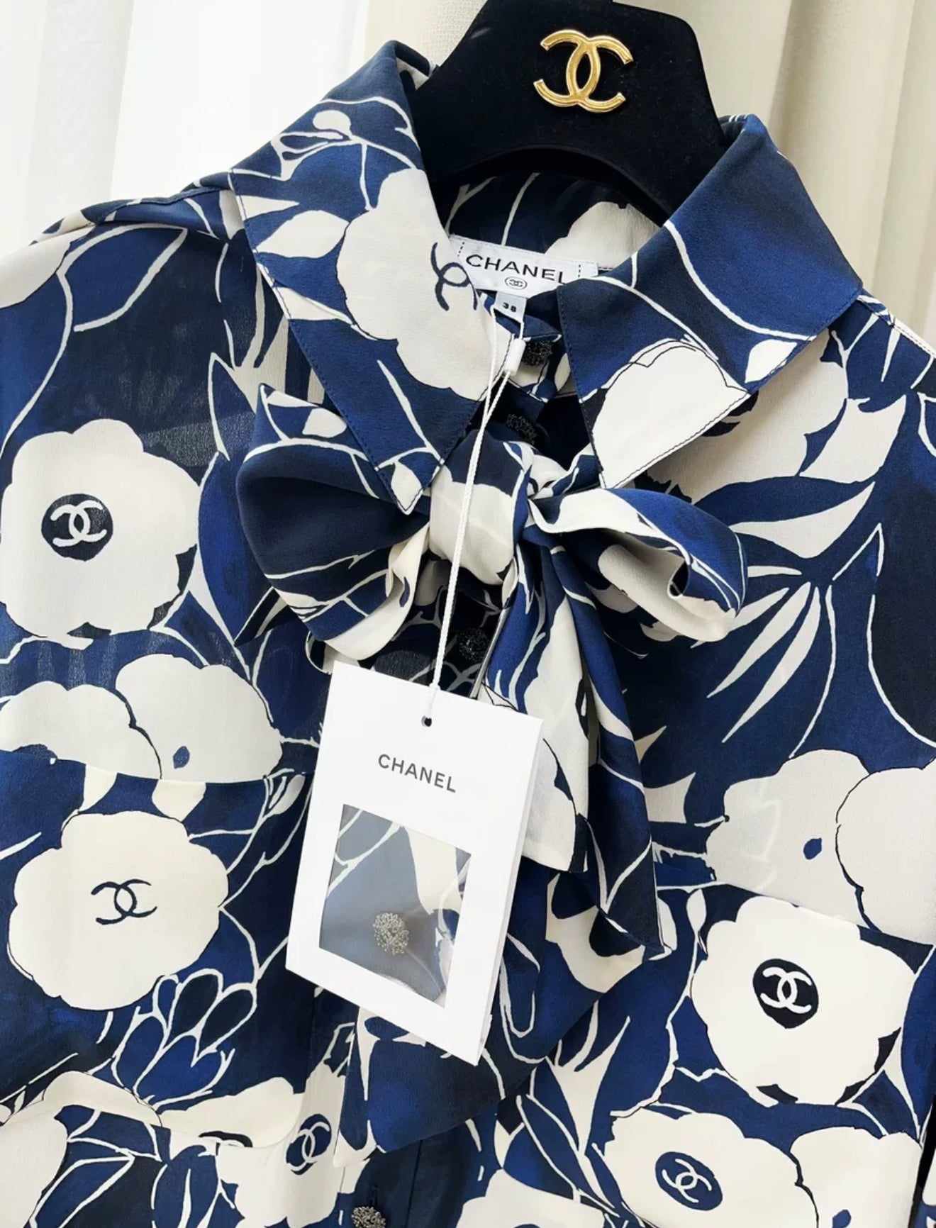 Chanel 22B Blue White Camellia Silk Shirt