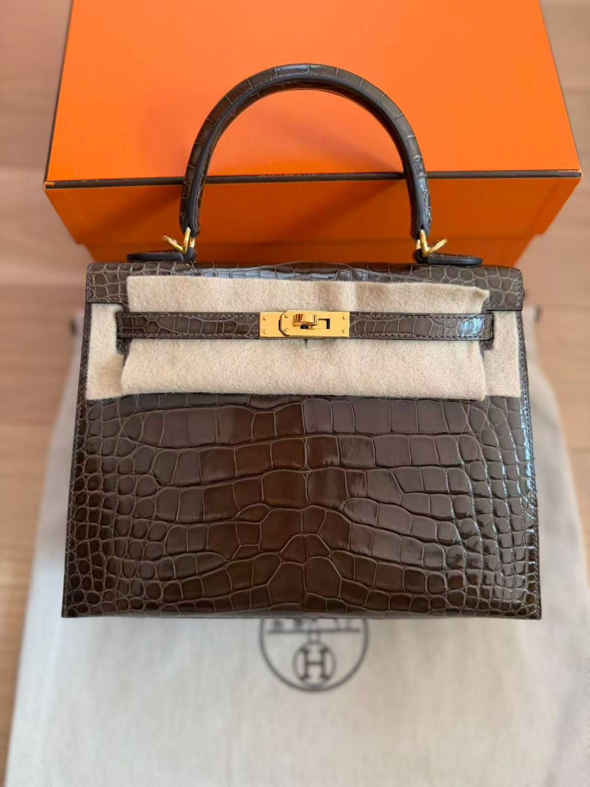 Hermes Kelly 25 Gris Elephant Shiny Alligator Gold hardware