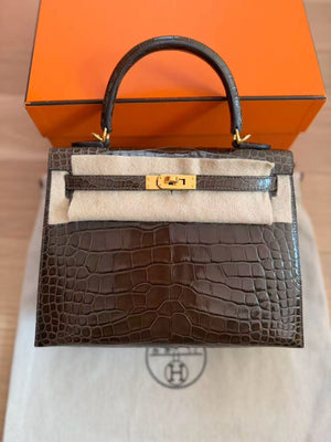 Hermes Kelly 25 Gris Elephant Shiny Alligator Gold hardware