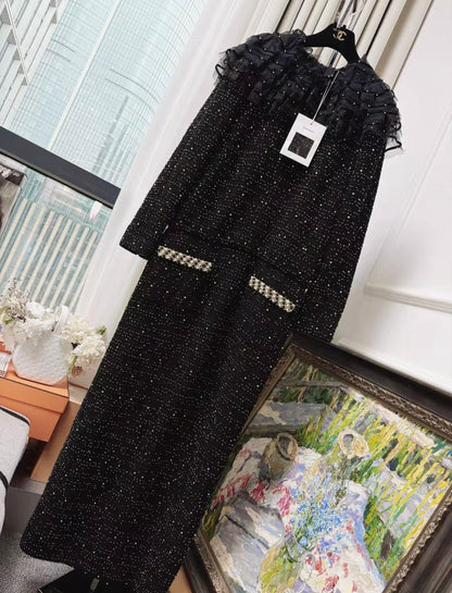 Chanel 21A black tweed mesh pearl sequinned long dress