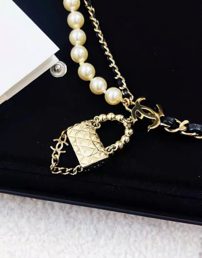 Chanel CC Pearl Leather Bag Pendant Necklace