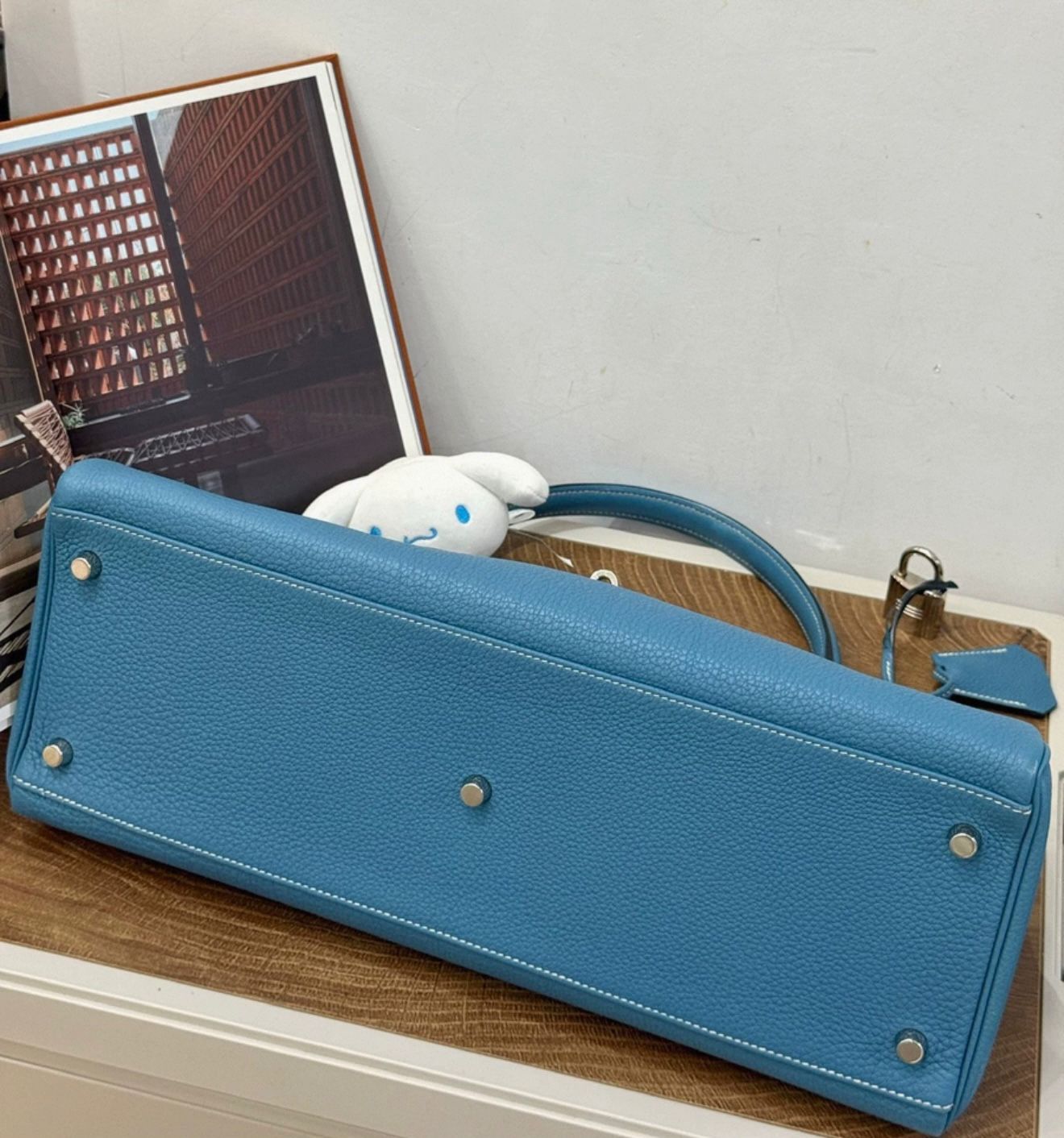 Hermes shoulder Kelly blue denim Togo leather palladium hardware