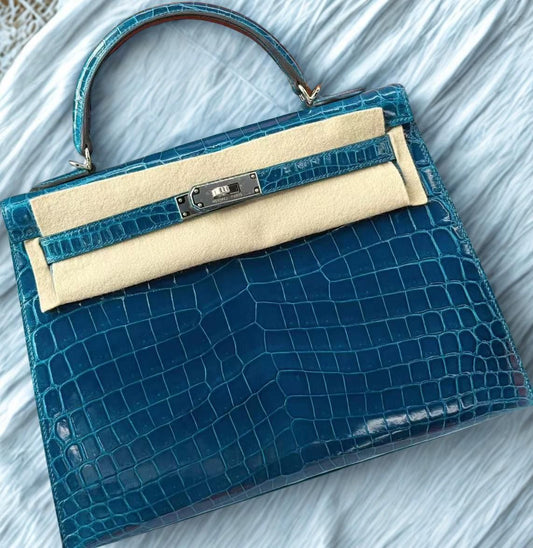 Hermès kelly 28 Bleu Izmir Shiny Niloticus Palladium hardware