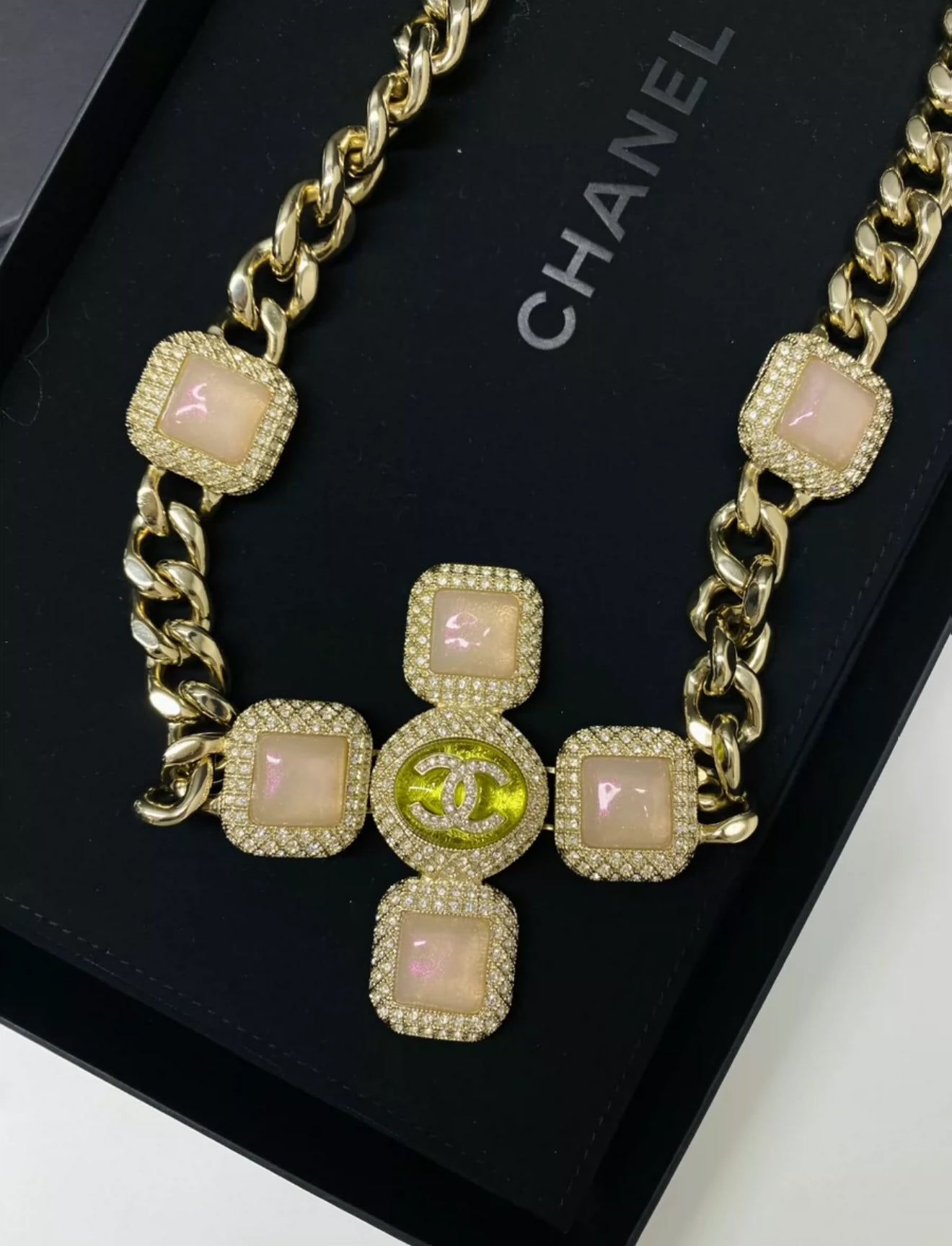 Chanel 20A pink glass cross full diamond waist chain