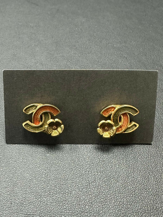 Chanel Vintage 2003 Enamel Gold-plated Emerald Green and Red CoCo Mark & Flower Stud Earrings
