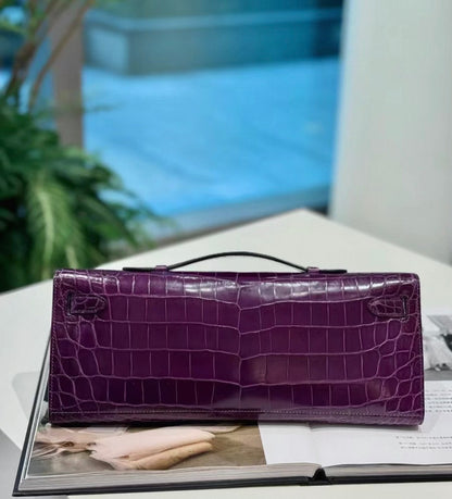 Hermès Kelly cut amethyst shiny crocodile leather palladium hardware
