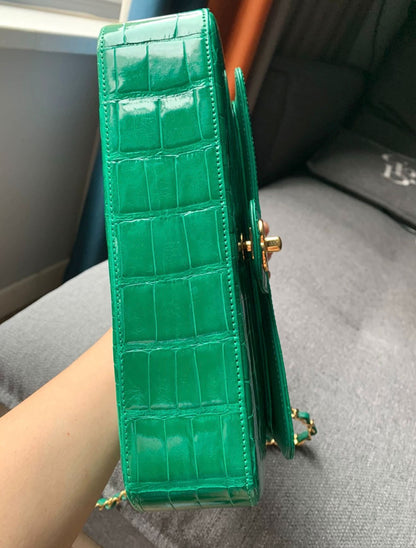 Chanel Green emerald alligator leather medium flap with gold hardware