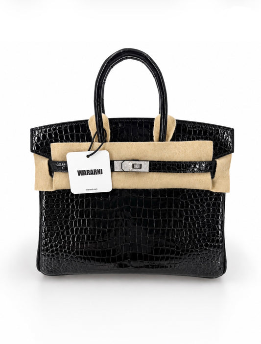 Hermès BIRKIN 25 SHINY BLACK POROSUS CROCODILE DIAMOND WITH 18K WHITE GOLD & DIAMOND HARDWARE, Brand new full set!!!