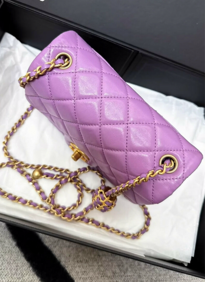 Chanel 22S purple leather square mini flap gold ball chain bag