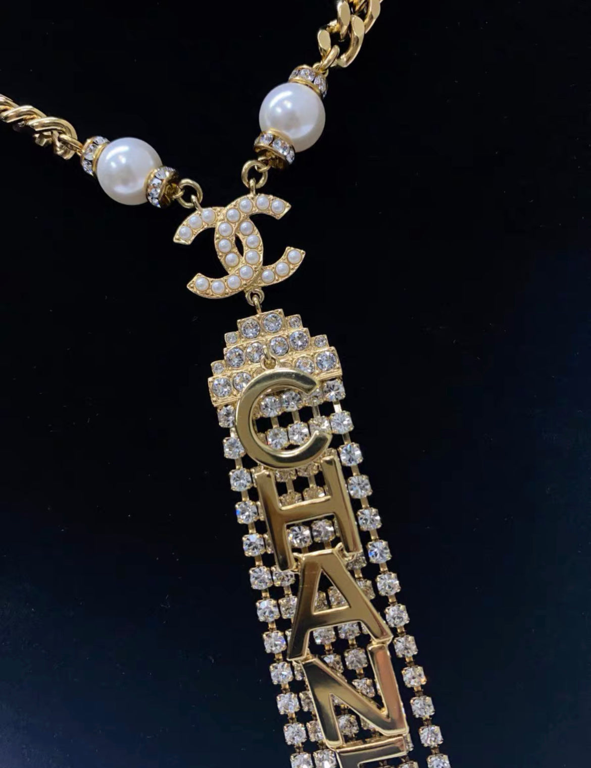 Chanel full diamond letter long pendant necklace