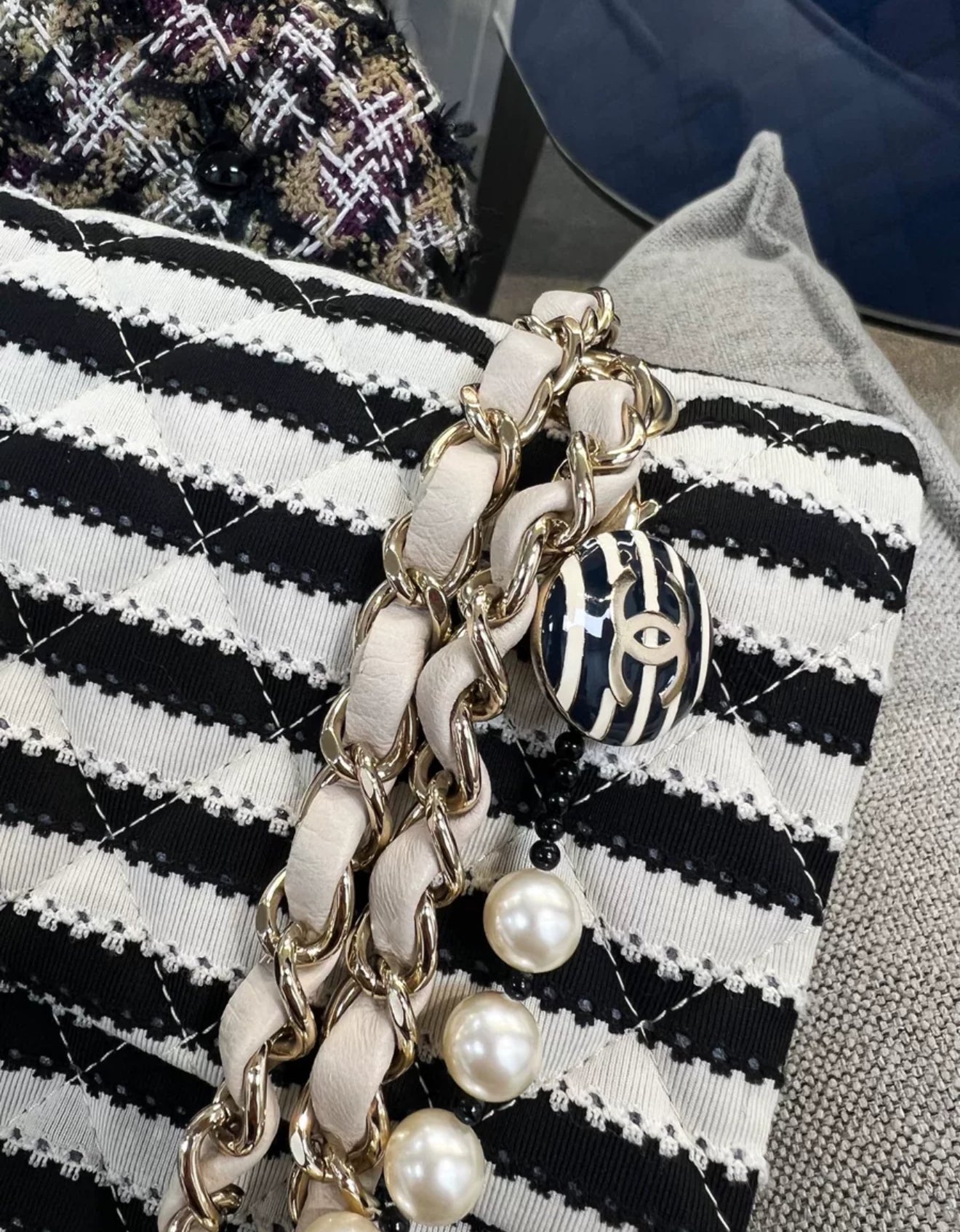 Chanel 14C Black 
White Striped Flap Bag