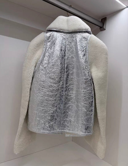 Chanel 17K White Silver Lambswool Coat