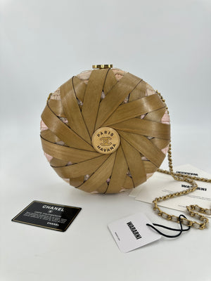 Rare Chanel “Havana By Night” Round Woven Wood and Tweed Minaudière