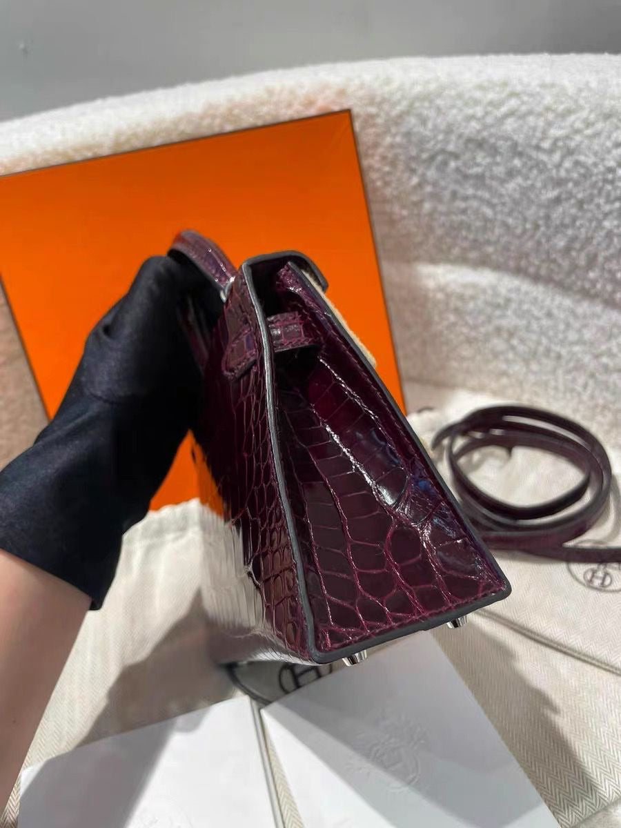 Hermes mini Kelly 20 Bordeaux Shiny alligator leather palladium hardware