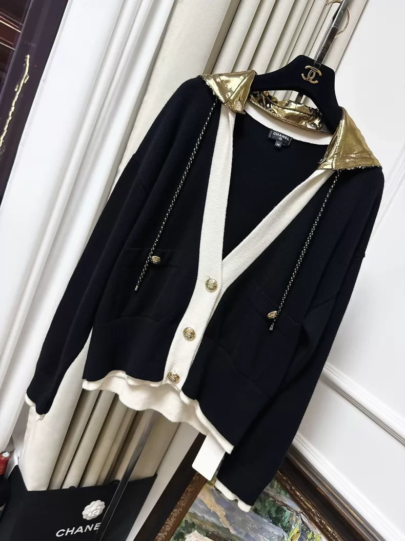Chanel 24C gold and black hooded cashmere cardigan