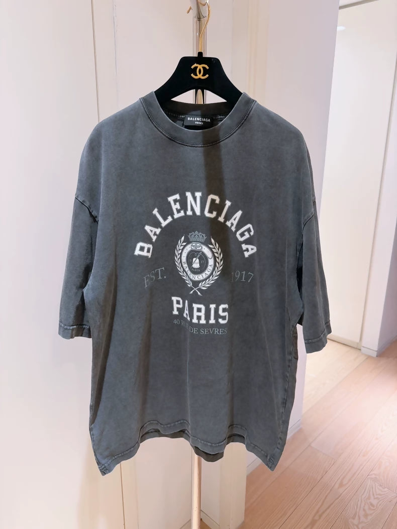 Balenciaga 1917 Crown and Wheat Ear Logo Print Distressed Short-Sleeve T-Shirt