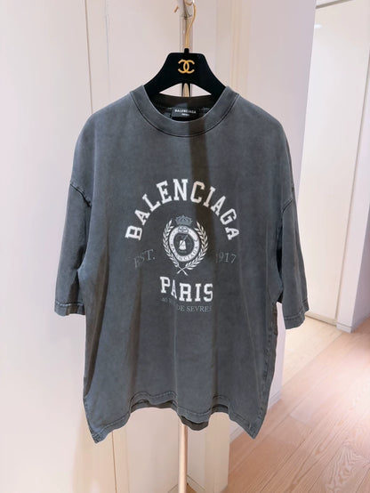 Balenciaga 1917 Crown and Wheat Ear Logo Print Distressed Short-Sleeve T-Shirt