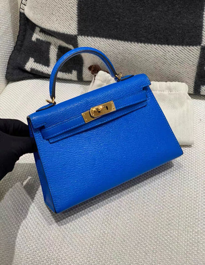 HERMÈS Mini Kelly II crossbody bag in Blue Royal Chevre leather with Gold hardware