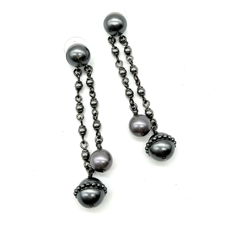 Chanel black and grey beaded tassel earrings