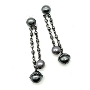 Chanel black and grey beaded tassel earrings