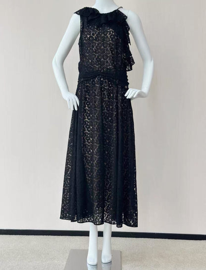 Chanel black lace evening dress