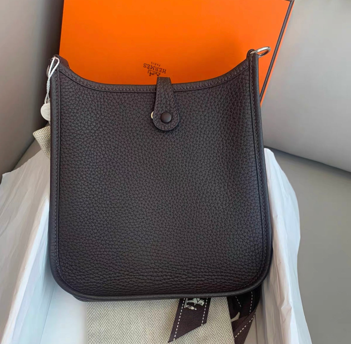 Hermes Evelyne mini leather ebony brown palladium hardware