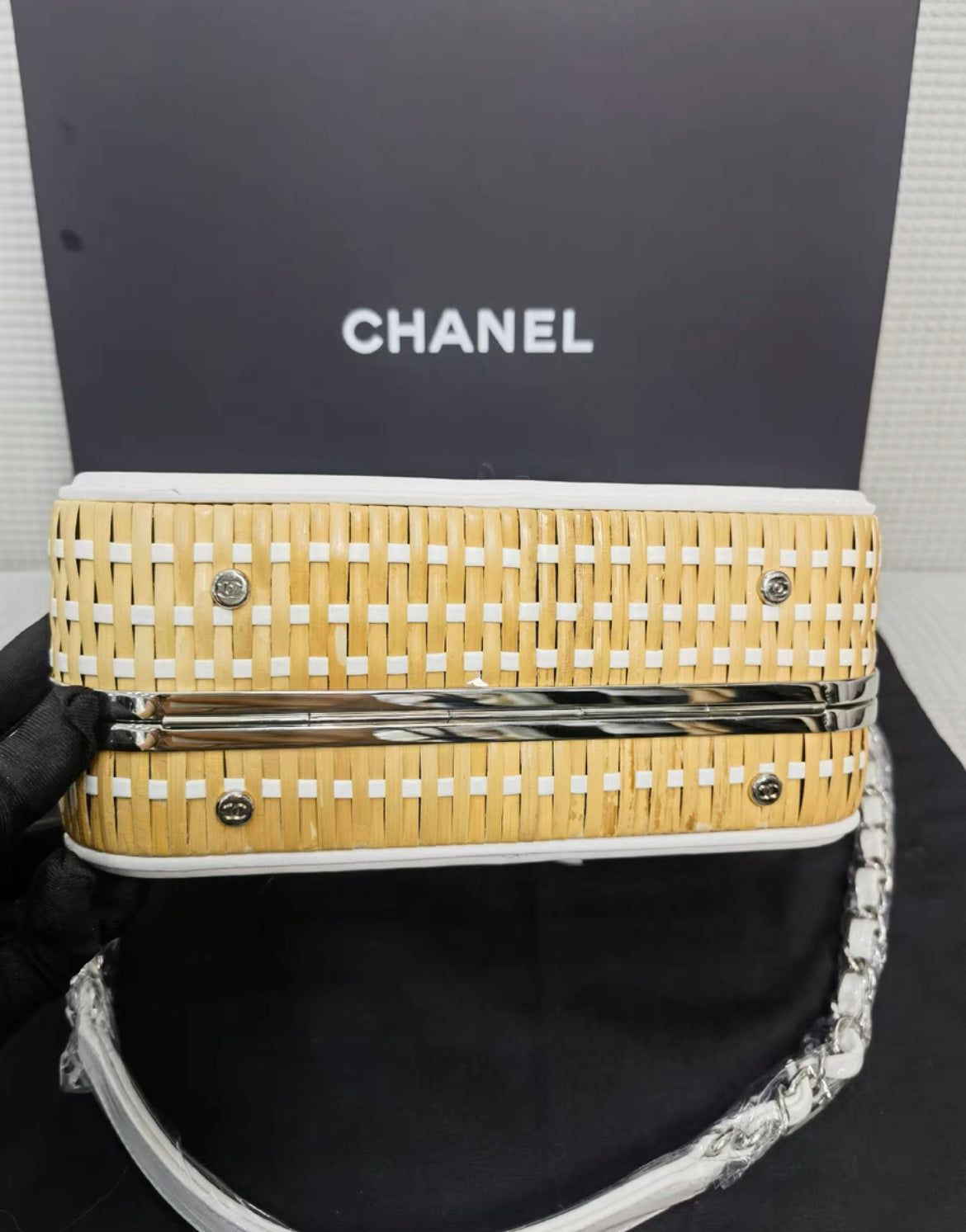 Chanel Vanity Case Beige & White, Rattan, Patent Calfskin & Silver-Tone Metal