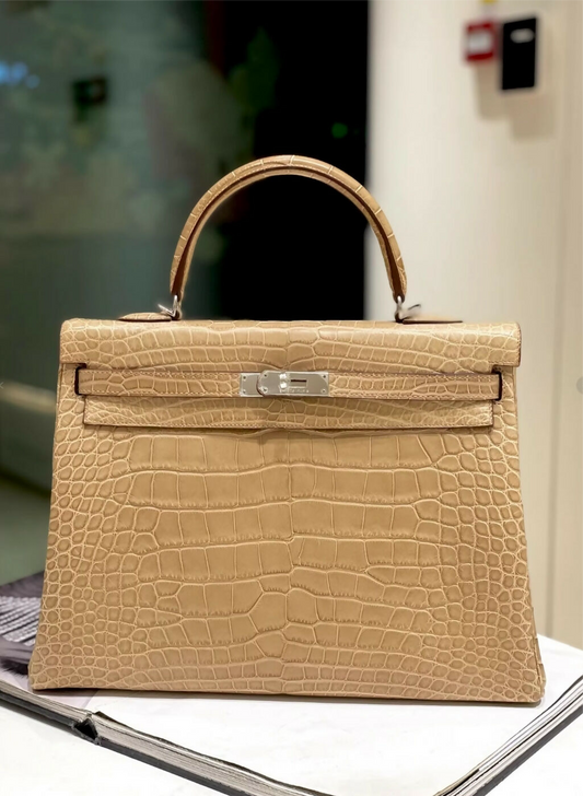 Hermes Kelly 35 Beige Matte Crocodile Leather Palladium Hardware