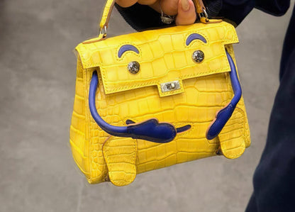 Hermès Kelly Doll Yellow Marigold Matte Alligator Blue electric Swift leather Palladium Hardwarea