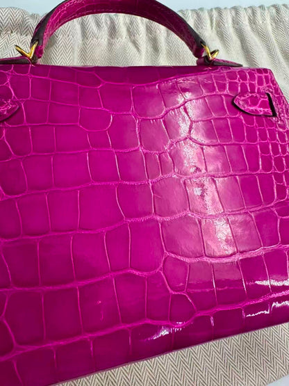 Hermes Mini Kelly 20 Rose Shehrazade shiny alligator gold hardware