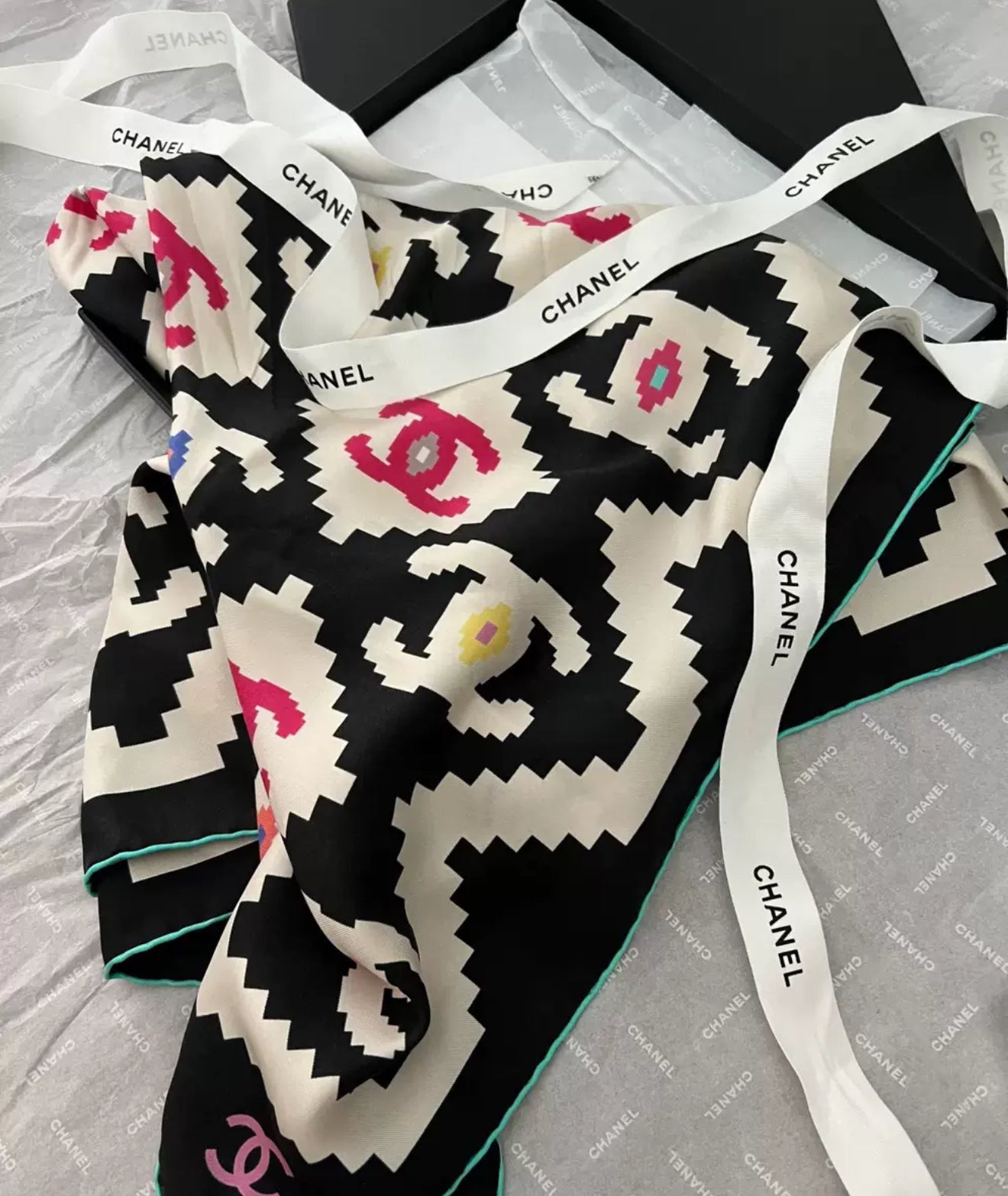 Chanel 23A colourful double C silk scarf