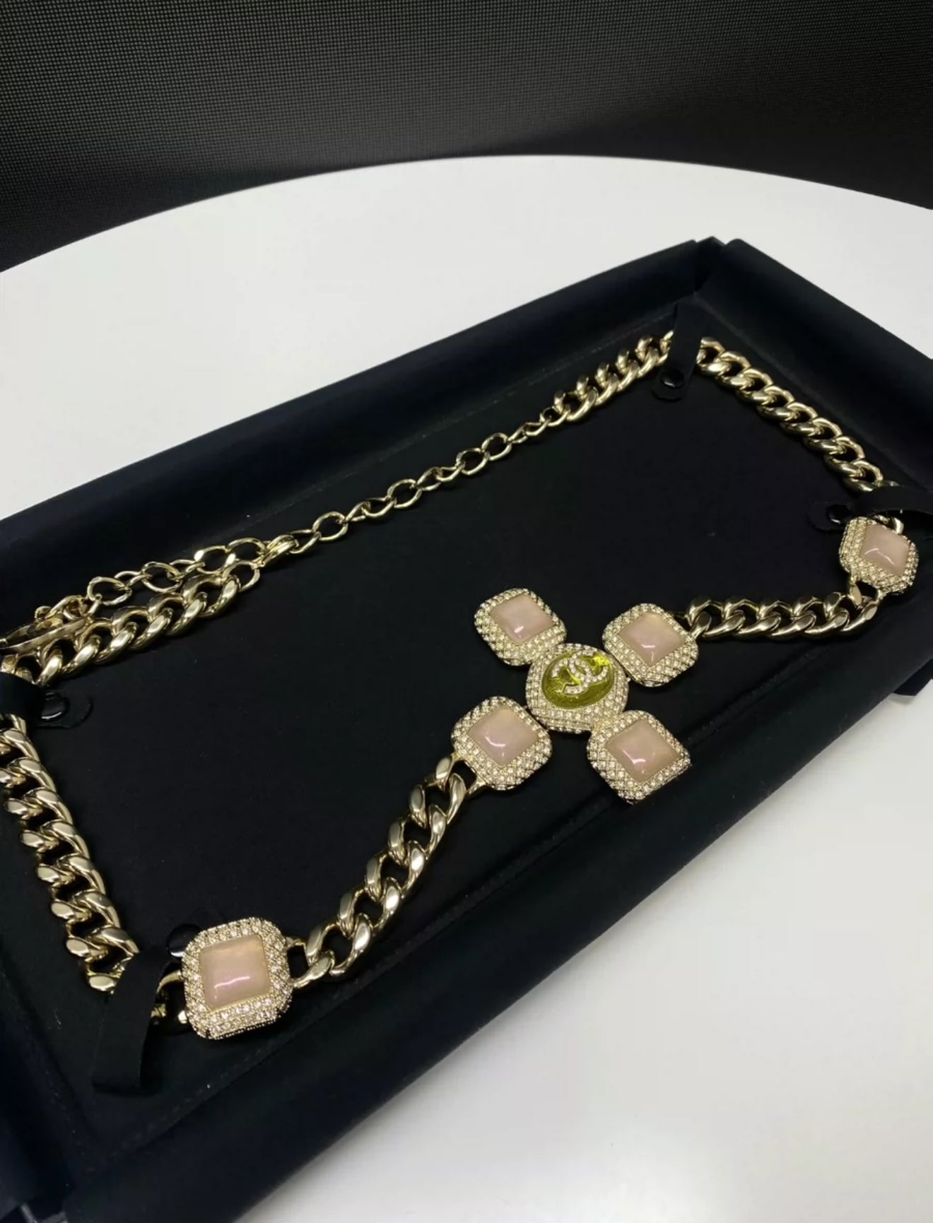 Chanel 20A pink glass cross full diamond waist chain
